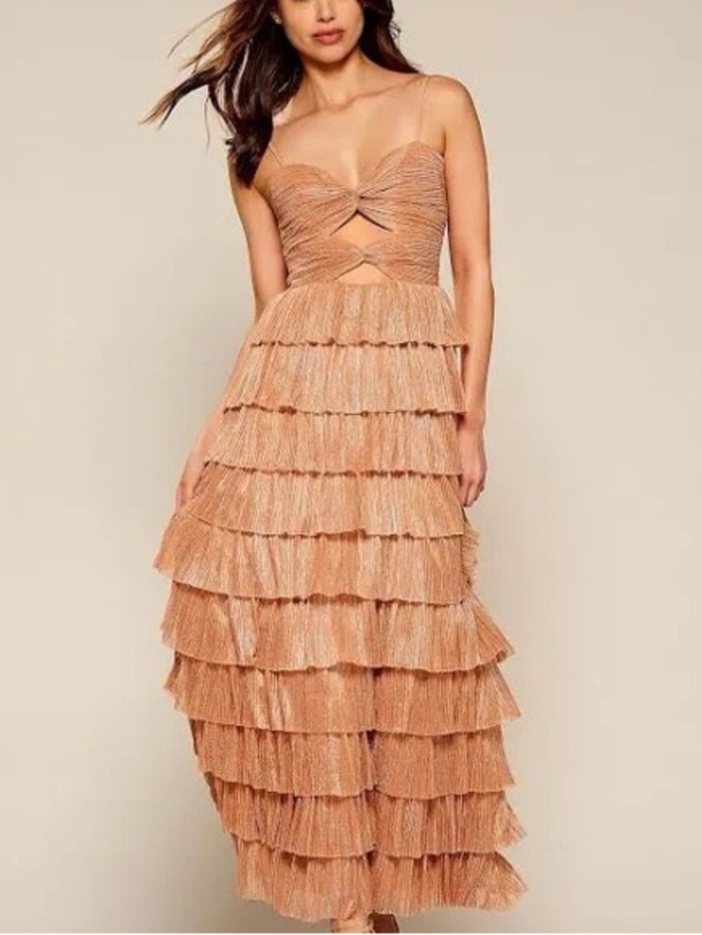 Gianni Bini Tiered Metallic Peach Maxi Dress with Cutout Bodice